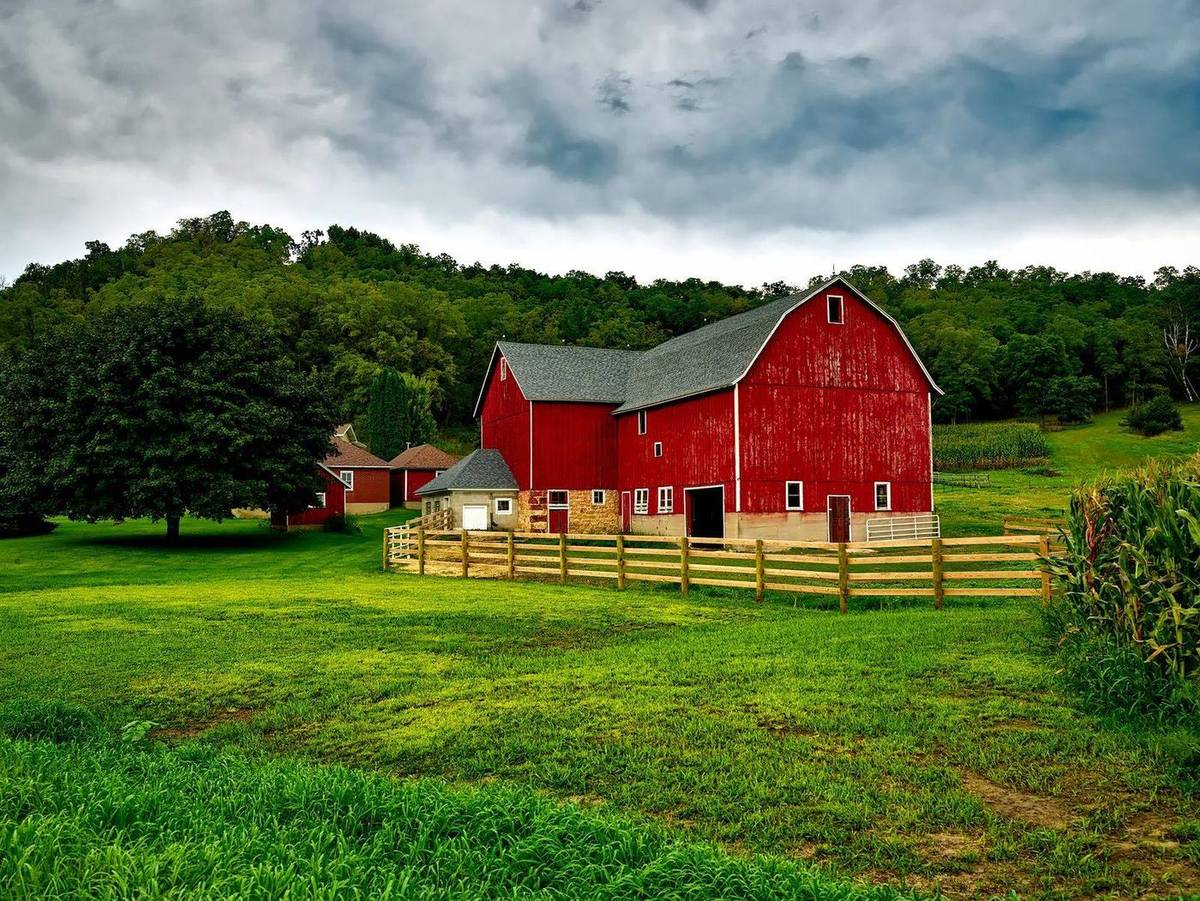 Red barn and fenced green pasture